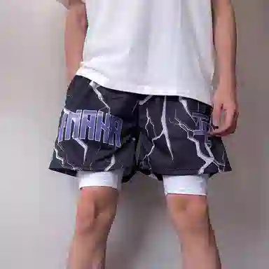 美式复古潮流夏日舒适时尚高街网眼透气闪电字母印花日常训练个性宽松百搭户外运动轻薄专业篮球裤 男女同款