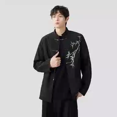 沐诚阳译 新中式翠竹刺绣小众个性宽松立领长袖唐装时尚西装 男女同款 经典黑色