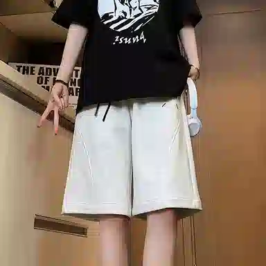 玉儿恋 美式重磅潮流青少年拼接刺绣纯色百搭宽松五分休闲短裤 男女同款