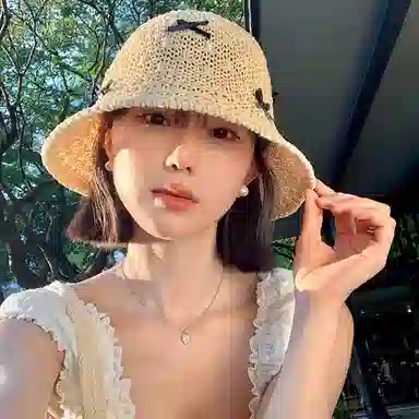 优幽兰 甜美蝴蝶结手工编织渔夫帽子韩版百搭高级感夏季镂空透气海边沙滩出游遮阳防紫外线盆帽#好运 聚酯纤维 防晒帽 女款