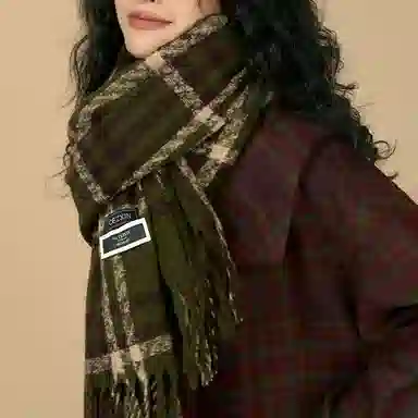 优幽兰 韩版复古绿色格子加厚保暖秋冬季高级感时尚百搭显白英伦风格纹防风防寒护脖子外搭 绒线围巾 女款