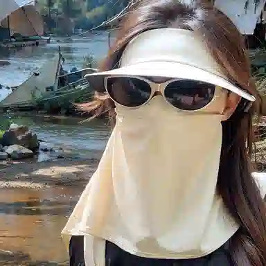 优幽兰 大帽檐遮阳户外出游全脸防紫外线透气脸基尼帽子一体护颈口罩骑行开车 聚酯纤维 防晒面罩 女款