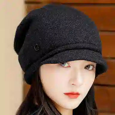 优幽兰 时尚百搭大头围显脸小堆堆帽秋冬季防风防寒保暖短檐针织帽休闲简约纯色护耳包头帽潮 聚酯纤维 绒线帽 男女同款情侣款