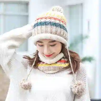 优幽兰 百搭时尚毛线帽围脖两件套韩版显脸小针织帽大头围东北加绒加厚冷帽防保暖包头帽护耳高级感穿搭 绒线帽 女款