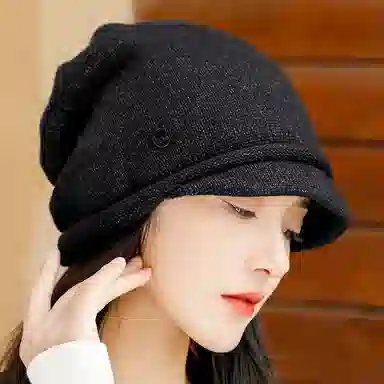 优幽兰 时尚百搭大头围显脸小堆堆帽秋冬季防风防寒保暖短檐针织帽休闲简约纯色护耳包头帽潮 聚酯纤维 绒线帽 男女同款情侣款