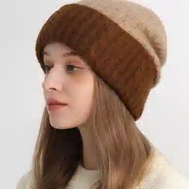 优幽兰 韩版显脸小拼色针织 大头围加厚 保暖包头 护耳高级感 腈纶 绒线帽 男女同款情侣款