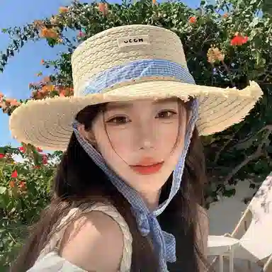 优幽兰 法式甜美平顶系带夏季时尚潮流高级感海边度假遮阳大檐显脸小沙滩太阳街拍 草编 防晒帽 女款