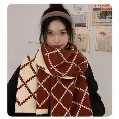 优幽兰 秋冬季新年氛围感设计感菱格百搭针织加厚护脖子防风防寒保暖简约休闲潮流 绒线围巾 男女同款情侣款