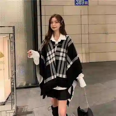 优幽兰 韩版经典格子披风设计感流苏空调房办公室保暖外搭拍照大牌高级感 披肩 女款