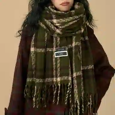 优幽兰 韩版复古绿色格子加厚保暖秋冬季高级感时尚百搭显白英伦风格纹防风防寒护脖子外搭 绒线围巾 女款