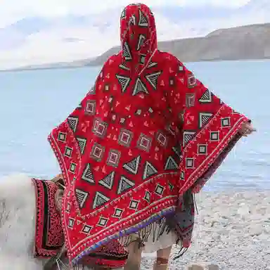 优幽兰 时尚百搭民族风带帽斗篷丽江新疆西藏大西北旅游穿搭拍照保暖披风办公室空调房外搭两用 腈纶 披肩 女款