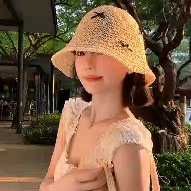 优幽兰 甜美蝴蝶结手工编织渔夫帽子韩版百搭高级感夏季镂空透气海边沙滩出游遮阳防紫外线盆帽#好运 聚酯纤维 防晒帽 女款