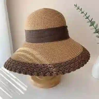 优幽兰 百搭简约高级感大檐遮阳帽海边度假沙滩防紫外线太阳帽子蝴蝶结凉帽#好运 聚酯纤维 防晒帽 女款