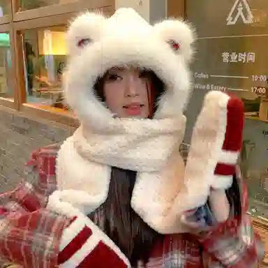 优幽兰 韩版甜美可爱小众设计感拼色小熊耳朵一体百搭加厚护耳骑行保暖 聚酯纤维 斗篷帽 女款