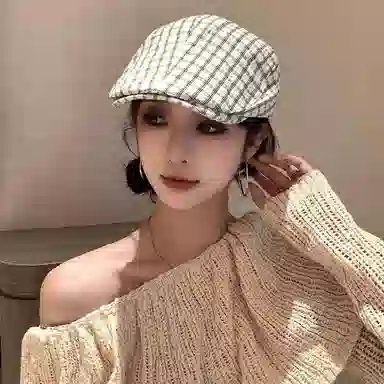 优幽兰 日系文艺小格子画家帽百搭休闲高级感时尚纯色蓓蕾帽出游搭配拍照韩 聚酯纤维 贝雷帽 女款