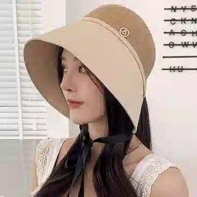 优幽兰 时尚潮流拼接设计感夏季出游防紫外线大檐显脸小水桶文艺开叉小众时尚百搭遮阳 草编 防晒帽 女款