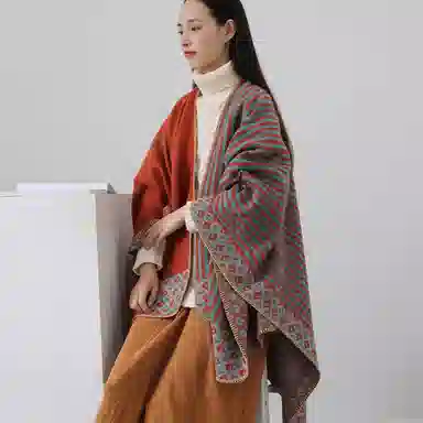 优幽兰 秋冬季百搭时尚斗篷针织简约潮 多用途披风防风防寒保暖民族风旅行穿搭 披肩 女款