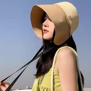 优幽兰 时尚潮流拼接设计感夏季出游防紫外线大檐显脸小水桶文艺开叉小众时尚百搭遮阳 草编 防晒帽 女款