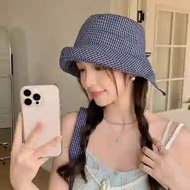 优幽兰 韩版森系格纹渔夫夏季时尚复古卷边小众遮阳帽户外出游度假百搭显脸小可折叠盆帽潮 聚酯纤维 防晒帽 女款