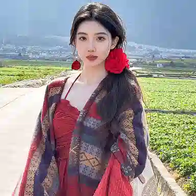 优幽兰 时尚百搭小众波西米亚风红色旅游女外搭复古民族风氛围感撞色西藏云南拍照披风斗篷空调房办公室保暖 披肩 女款