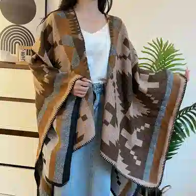 优幽兰 复古氛围感小众民族风斗篷时尚百搭高级感防风防寒撞色披风办公室空调房保暖毛毯旅游拍照打卡穿搭 腈纶 披肩 女款