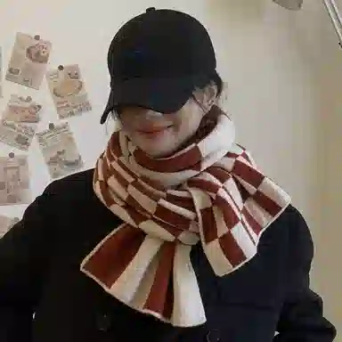 优幽兰 氛围感 格子撞色 针织加厚 防风防寒小众穿搭 仿羊绒 绒线围巾 女款