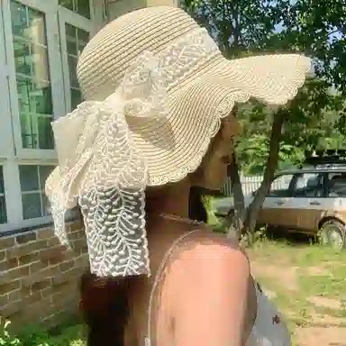 优幽兰 蝴蝶结波浪边蕾丝百搭高级感大帽檐显脸小编织帽海边沙滩度假遮阳帽拍 织物 渔夫帽 女款