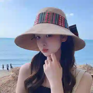 优幽兰 百搭潮流小众设计感民族风可折叠骑车大檐遮阳时尚旅游度假防紫外线太阳夏 聚酯纤维 防晒帽 女款