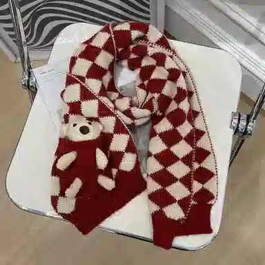 优幽兰 百搭菱格针织加厚保暖护脖子经典款小熊防风防寒氛围感 绒线围巾 女款