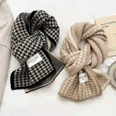 优幽兰 秋冬百搭时尚千鸟格 简约加厚防风防寒保暖小众 绒线围巾 男女同款情侣款 礼物