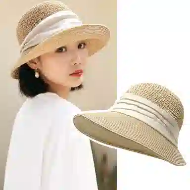 优幽兰 百搭度假风日系气质优雅透气织带法式时尚设计感夏海边沙滩防紫外线遮阳大檐显脸小 纤维素材料 防晒帽 女款