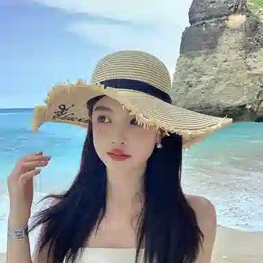 优幽兰 韩系甜美氛围感编织法式百搭海边沙滩度假大檐显脸小遮阳防紫外线出游 草编 防晒帽 女款