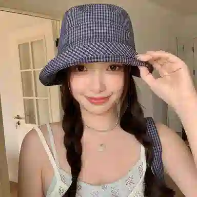 优幽兰 韩版森系格纹渔夫夏季时尚复古卷边小众遮阳帽户外出游度假百搭显脸小可折叠盆帽潮 聚酯纤维 防晒帽 女款