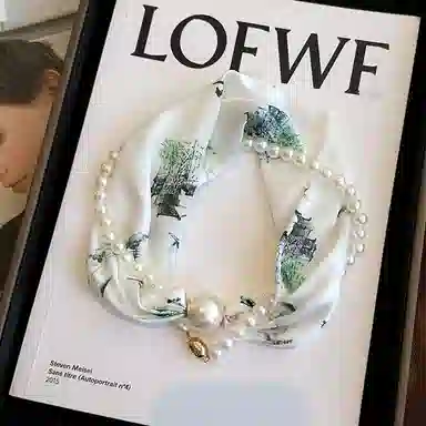 优幽兰 百搭高级感磁吸扣珍珠细窄小长条领巾护颈脖子懒人搭配衬衫薄款围巾礼盒装 丝巾 女款