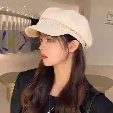 优幽兰 时尚复古 气质优雅大帽檐显脸小学生简约小众设计感珍珠点缀甜美遮阳 棉 贝蕾帽 女款 米色