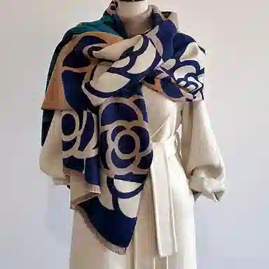 优幽兰 韩版百搭优雅知性拼色山茶花气质双面加厚保暖空调房外搭两用时尚法式高级感穿搭 仿羊绒 绒线围巾 女款