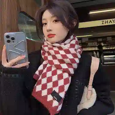 优幽兰 秋冬季仿羊绒百搭设计感格子拼色氛围感 休闲时尚针织加厚保暖学生防风防寒小众 绒线围巾 女款