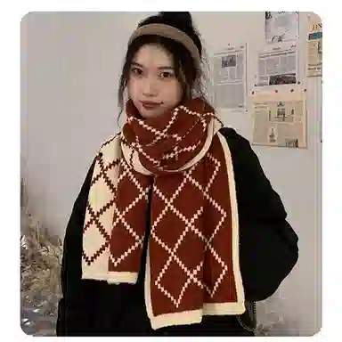 优幽兰 秋冬季新年氛围感设计感菱格百搭针织加厚护脖子防风防寒保暖简约休闲潮流 绒线围巾 男女同款情侣款