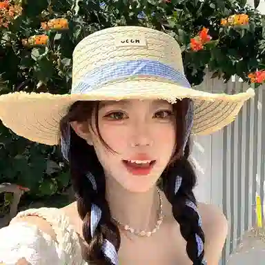 优幽兰 法式甜美平顶系带夏季时尚潮流高级感海边度假遮阳大檐显脸小沙滩太阳街拍 草编 防晒帽 女款