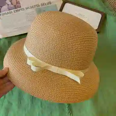 优幽兰 复古赫本风蝴蝶结礼帽时尚百搭夏季遮阳防晒帽气质优雅盆帽度假风海边显脸小草帽潮#好运 纤维素材料 渔夫帽 女款