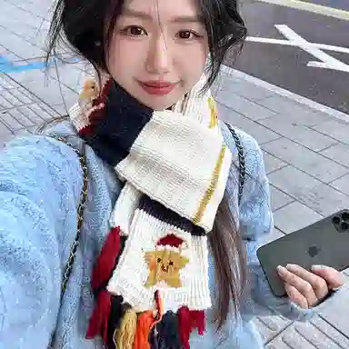 优幽兰 时尚潮流高级感彩色流苏针织冬季保暖百搭小众设计感撞色条纹学生可爱少女心穿搭 腈纶 绒线围巾 女款