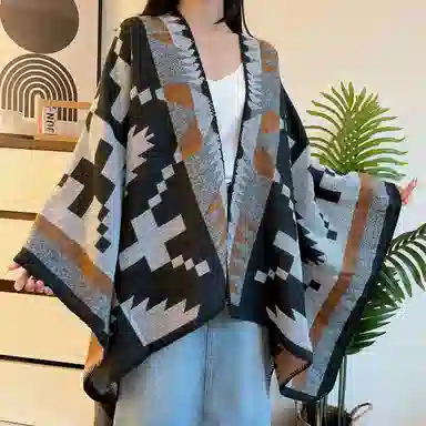 优幽兰 复古氛围感小众民族风斗篷时尚百搭高级感防风防寒撞色披风办公室空调房保暖毛毯旅游拍照打卡穿搭 腈纶 披肩 女款