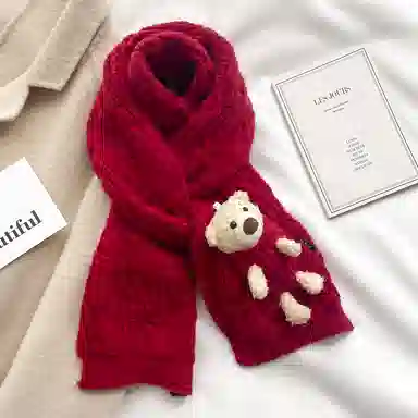优幽兰 时尚百搭可爱小熊红色针织保暖围脖女韩系高级感纯色简约学生复古氛围感小众穿搭喜庆 聚酯纤维 绒线围巾 女款