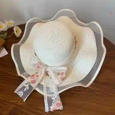 优幽兰 韩系氛围感百搭波浪边蕾丝蝴蝶结草帽女夏法式时尚大帽檐遮阳帽海边沙滩度假太阳帽子#好运 纤维素材料 防晒帽 女款