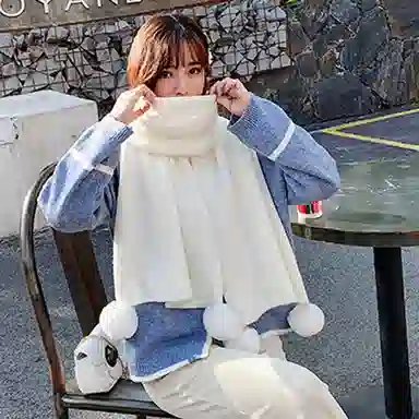 优幽兰 韩版小众高级感纯色毛毛球可爱少女保暖针织长款 绒线围巾 女款