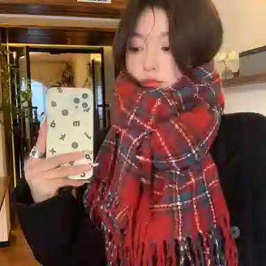 优幽兰 韩系复古 格纹流苏保暖 高中生时尚百搭高级感小众软糯 两用新年节日氛围感穿搭 仿羊绒 绒线围巾 女款