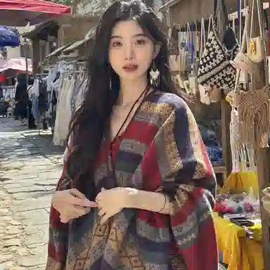 优幽兰 时尚百搭小众波西米亚风红色旅游女外搭复古民族风氛围感撞色西藏云南拍照披风斗篷空调房办公室保暖 披肩 女款