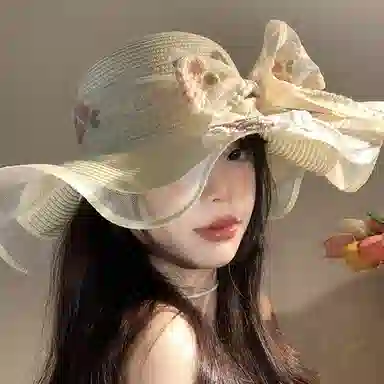 优幽兰 韩系氛围感百搭波浪边蕾丝蝴蝶结草帽女夏法式时尚大帽檐遮阳帽海边沙滩度假太阳帽子#好运 纤维素材料 防晒帽 女款