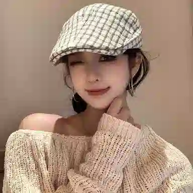 优幽兰 日系文艺小格子画家帽百搭休闲高级感时尚纯色蓓蕾帽出游搭配拍照韩 聚酯纤维 贝雷帽 女款