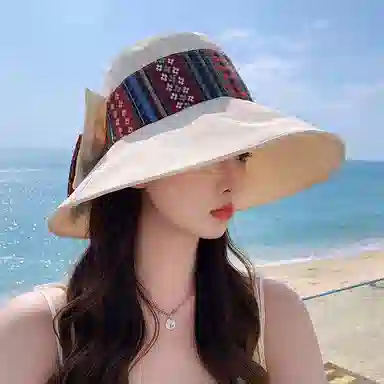 优幽兰 百搭潮流小众设计感民族风可折叠骑车大檐遮阳时尚旅游度假防紫外线太阳夏 聚酯纤维 防晒帽 女款